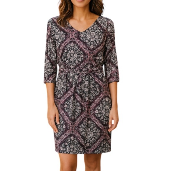 TAHARI Floral Dress Pink Black Geometric Print Ruched Midi Long  Sleeve Size L - Picture 1 of 13